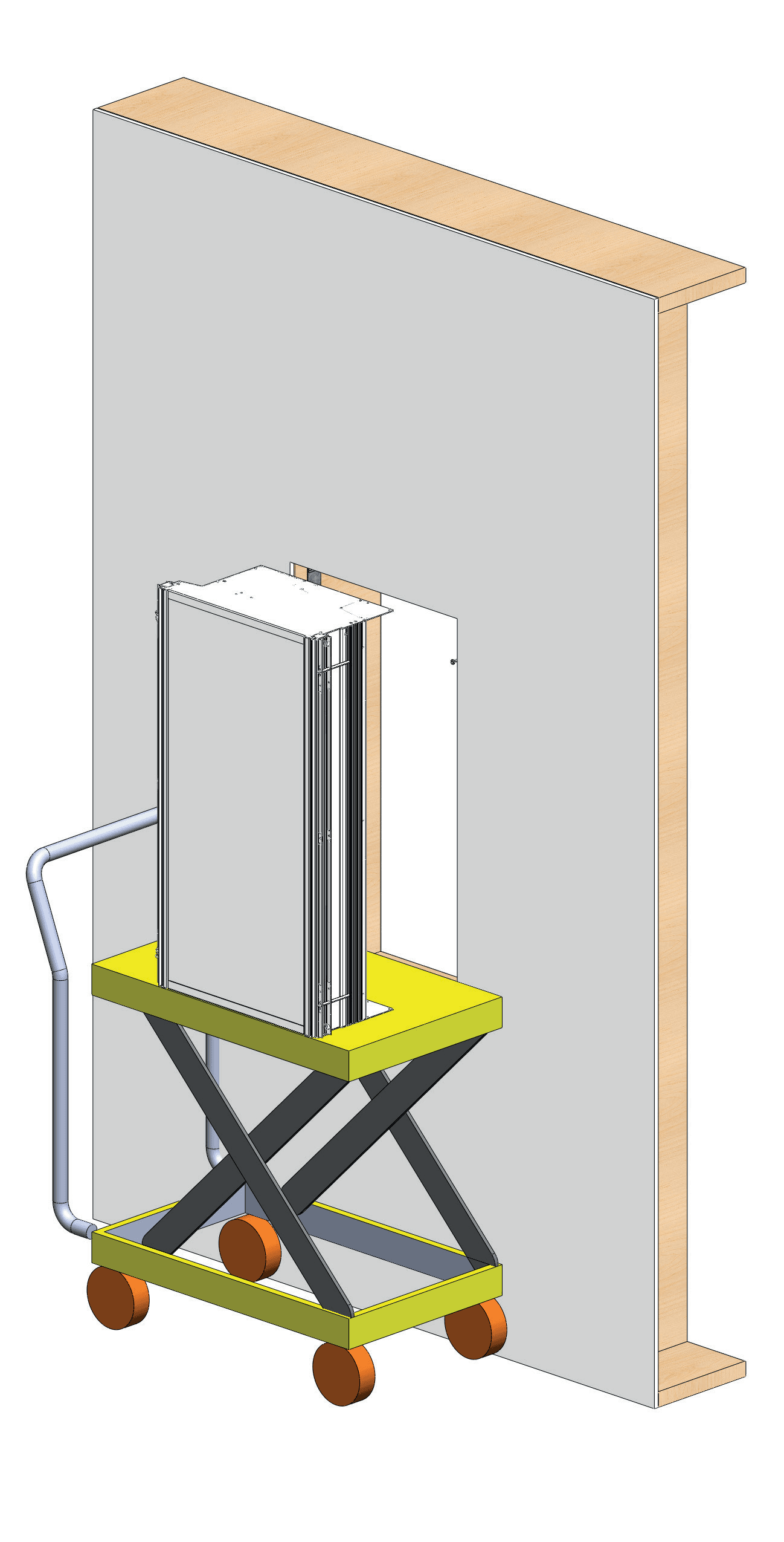 Fixture on hoist in front of wall niche