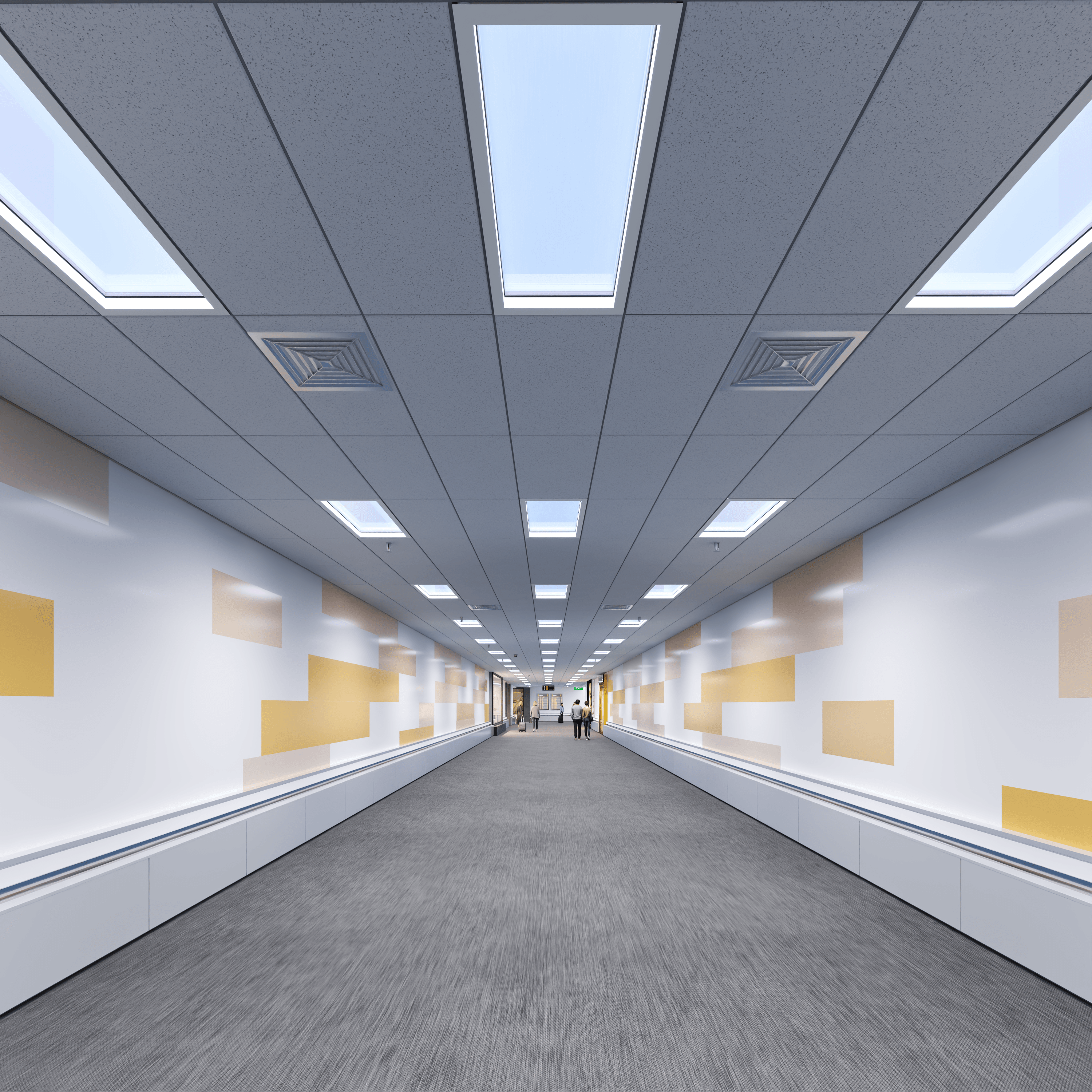 Innerscene Circadian Sky 2x4 installed on ceiling of a hallway in San Francisco International Airport