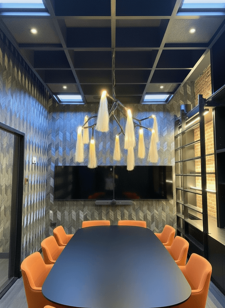 Innerscene Circadian Sky installed in modern conference room with blue ceiling panels and orange chairs
