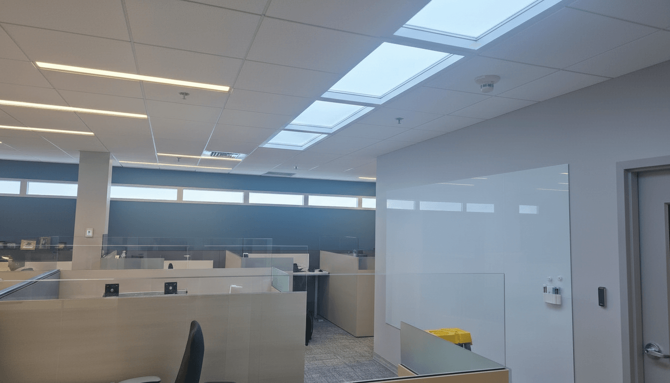 Circadian Sky artificial skylights installed in office drop ceiling above cubicle workstations