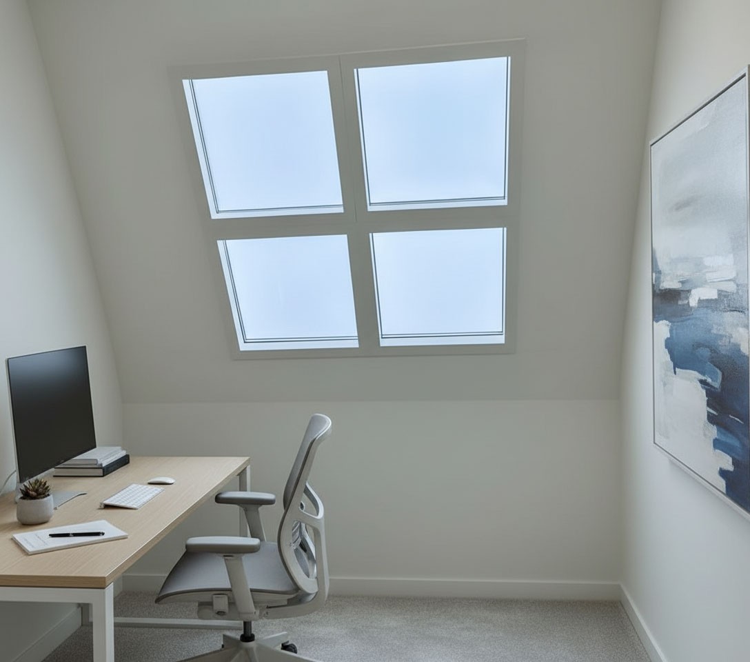 Home office workspace with 2x2 grid of Circadian Sky skylights creating natural blue sky effect on sloped ceiling