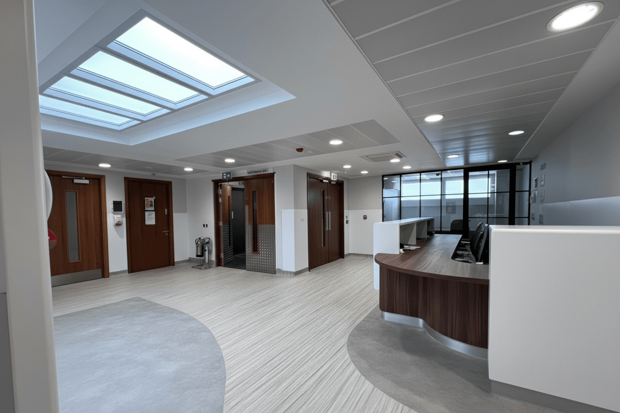 Hospital reception area with Circadian Sky skylight installation creating natural blue sky effect
