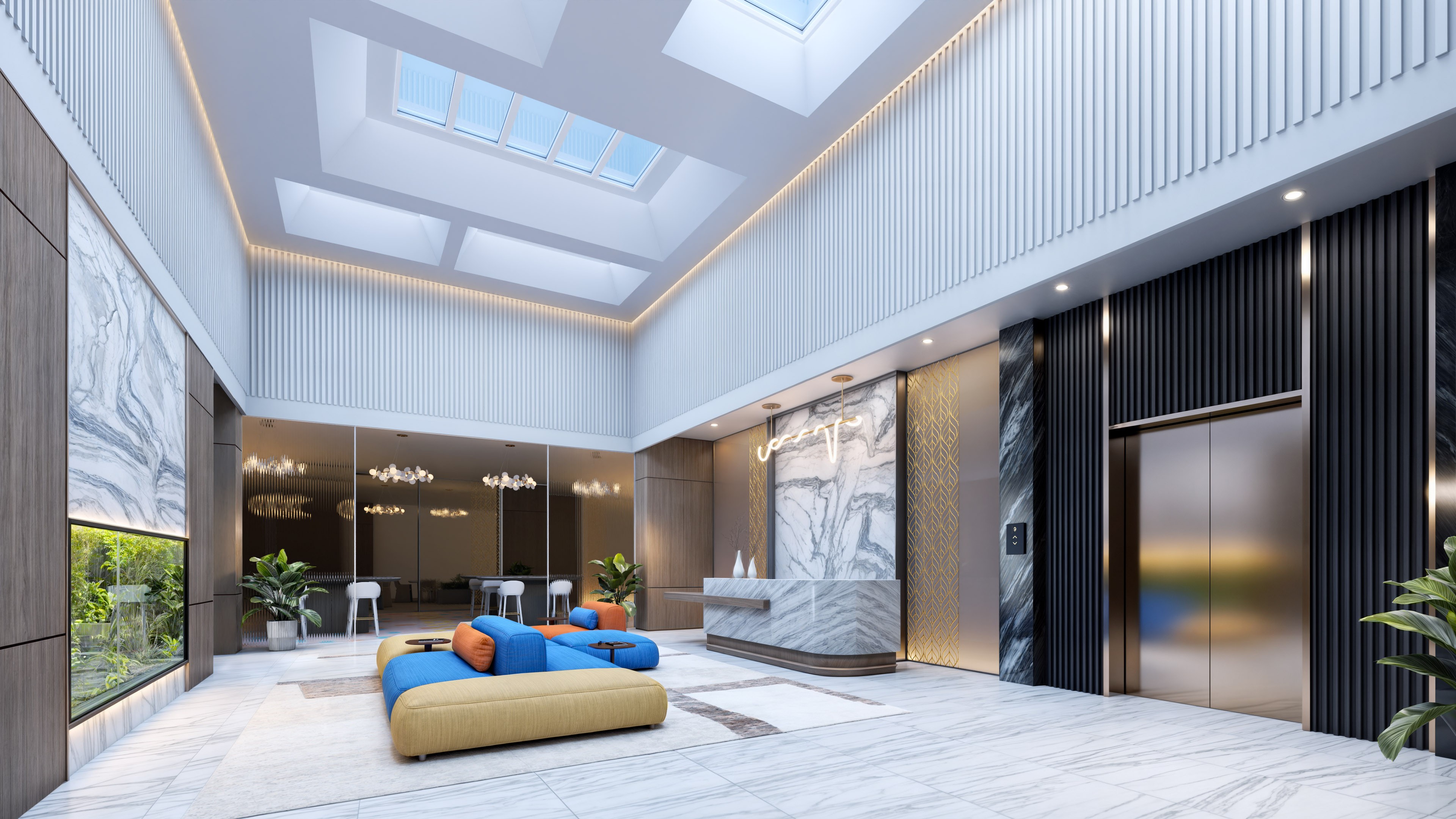 Innerscene Circadian Sky emanating blue light installed on ceiling of luxury lobby with marbled floors and walls with a colorful couch