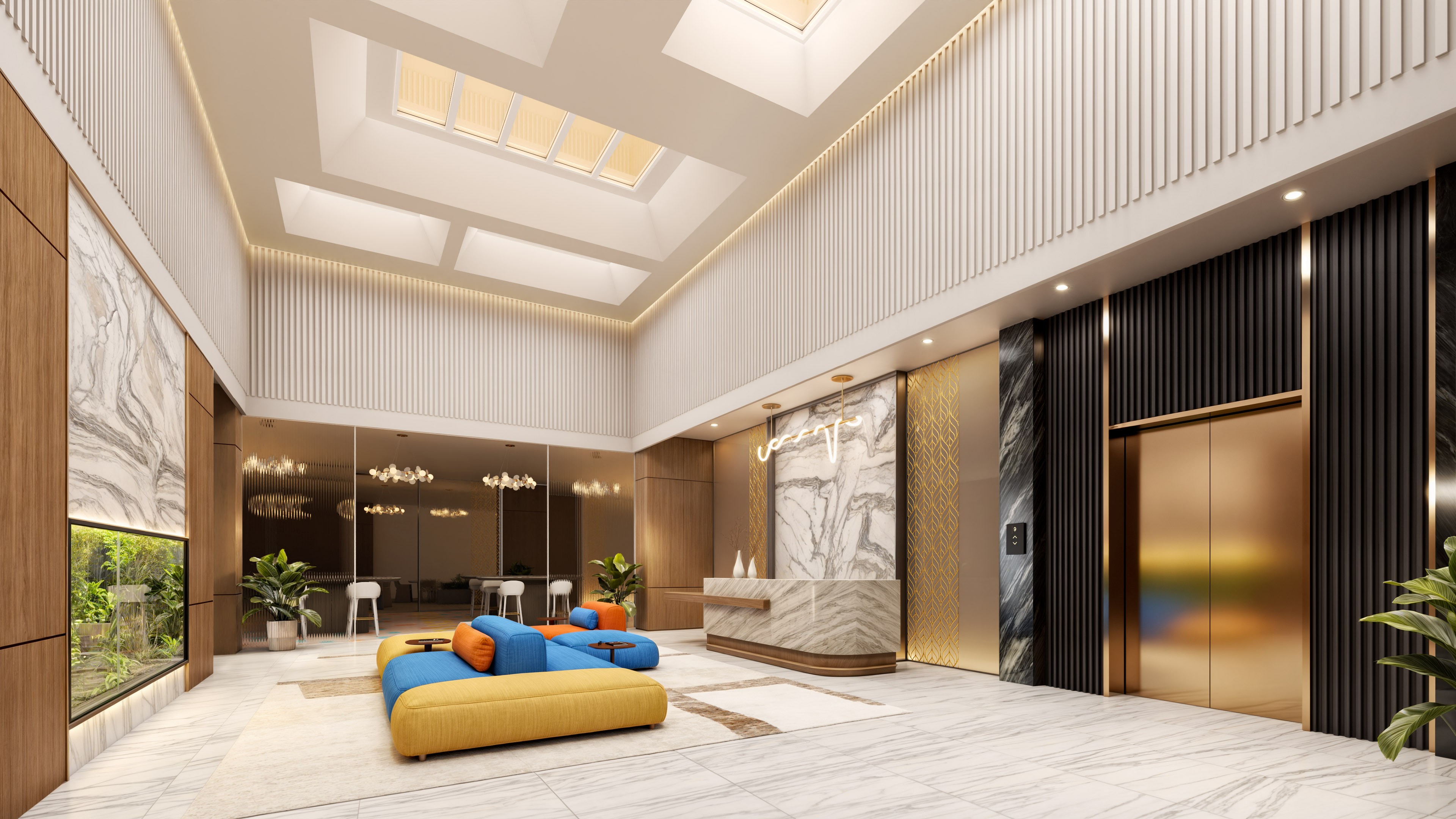 Innerscene Circadian Sky emanating warm light installed on ceiling of luxury lobby with marbled floors and walls with a colorful couch