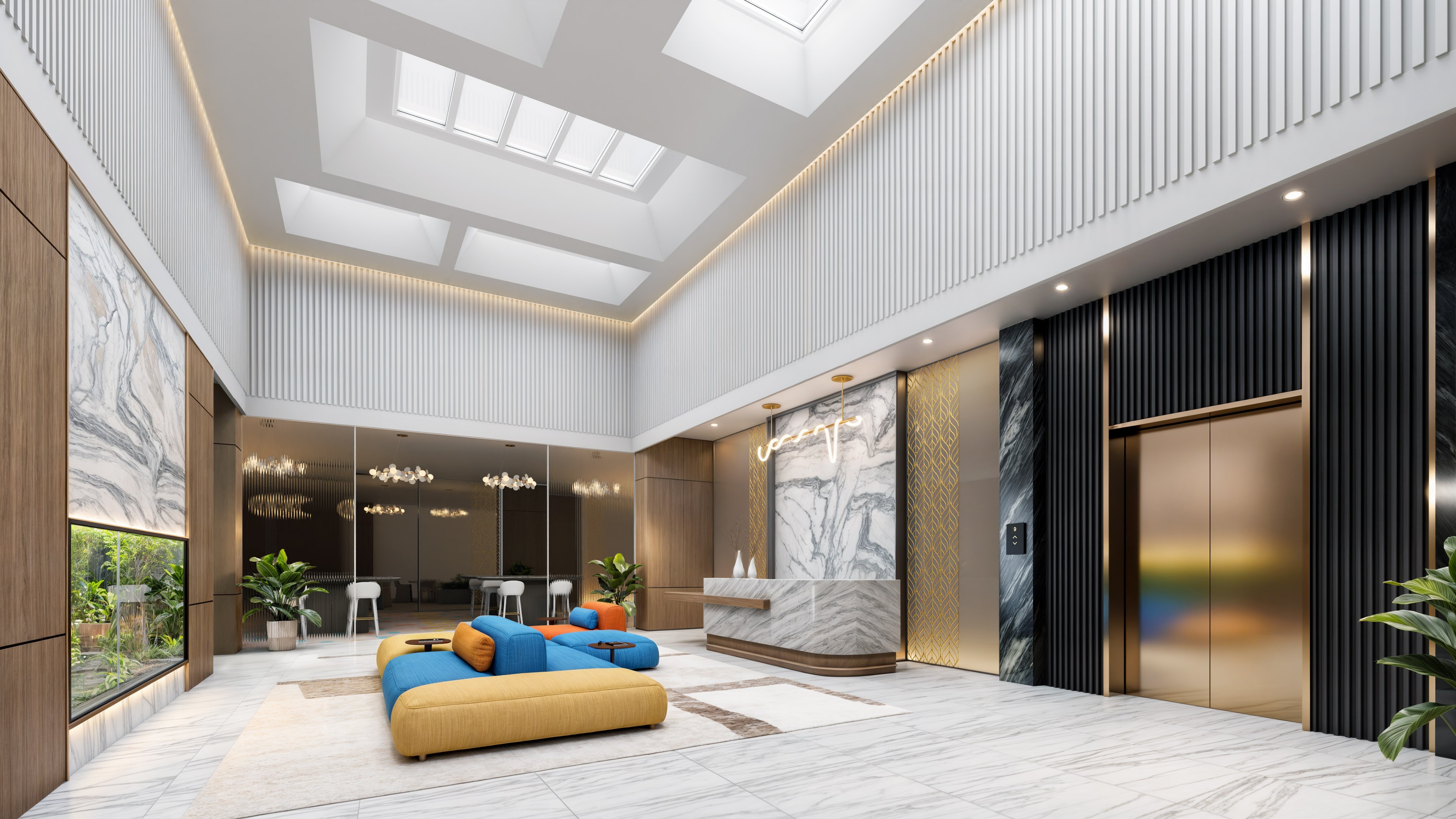 Innerscene Circadian Sky emanating white light installed on ceiling of luxury lobby with marbled floors and walls with a colorful couch