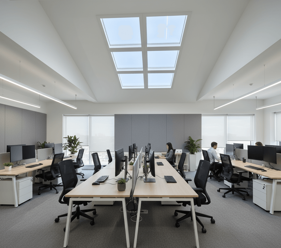 Modern office space with six skylights in ceiling providing natural daylight effect