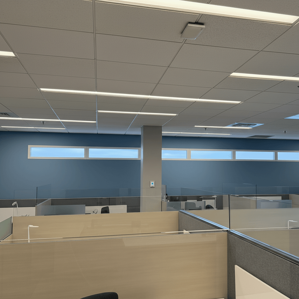Modern office space with cubicle workstations and linear LED ceiling fixtures