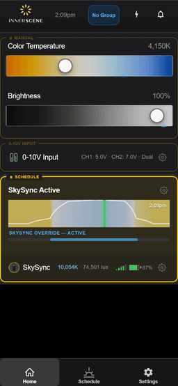 Circadian Sky mobile controller — home screen