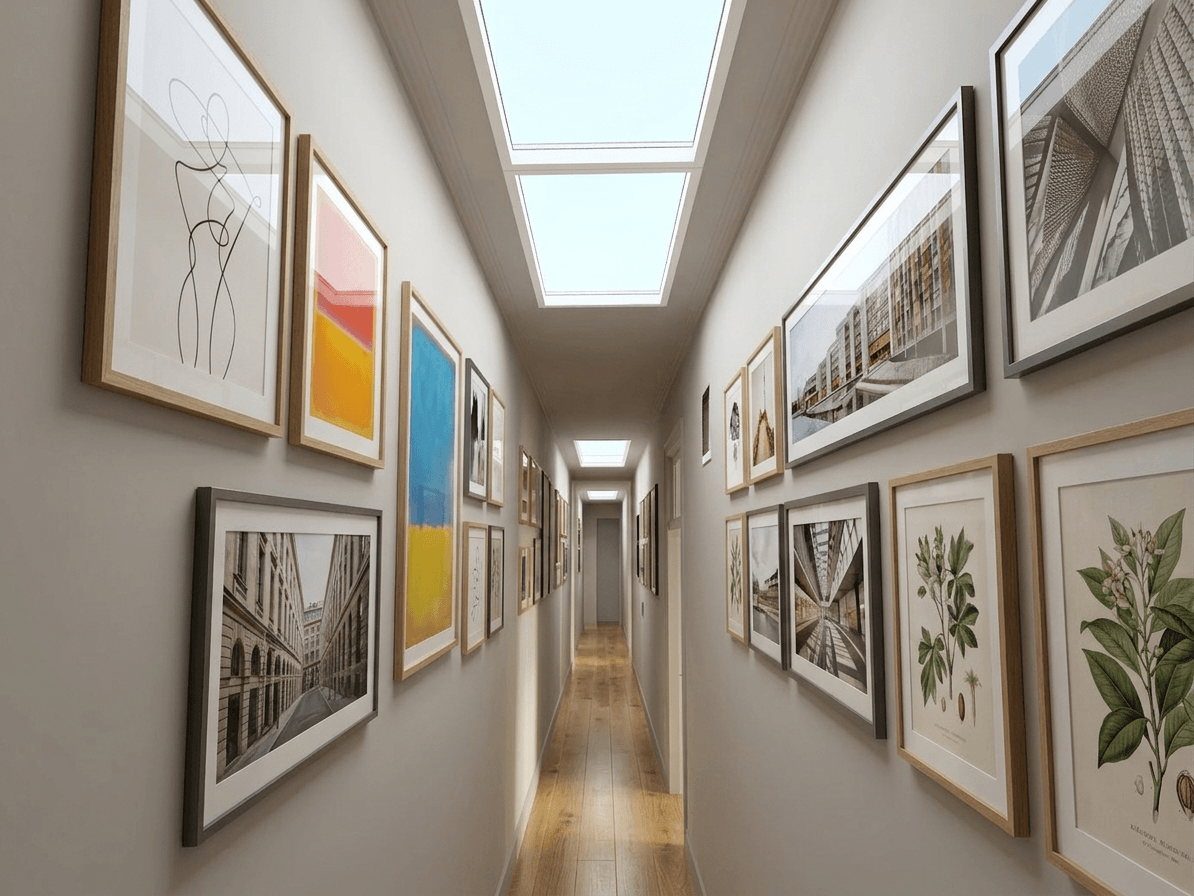 Narrow residential hallway lined with framed art and overhead skylights washing the walls in daylight