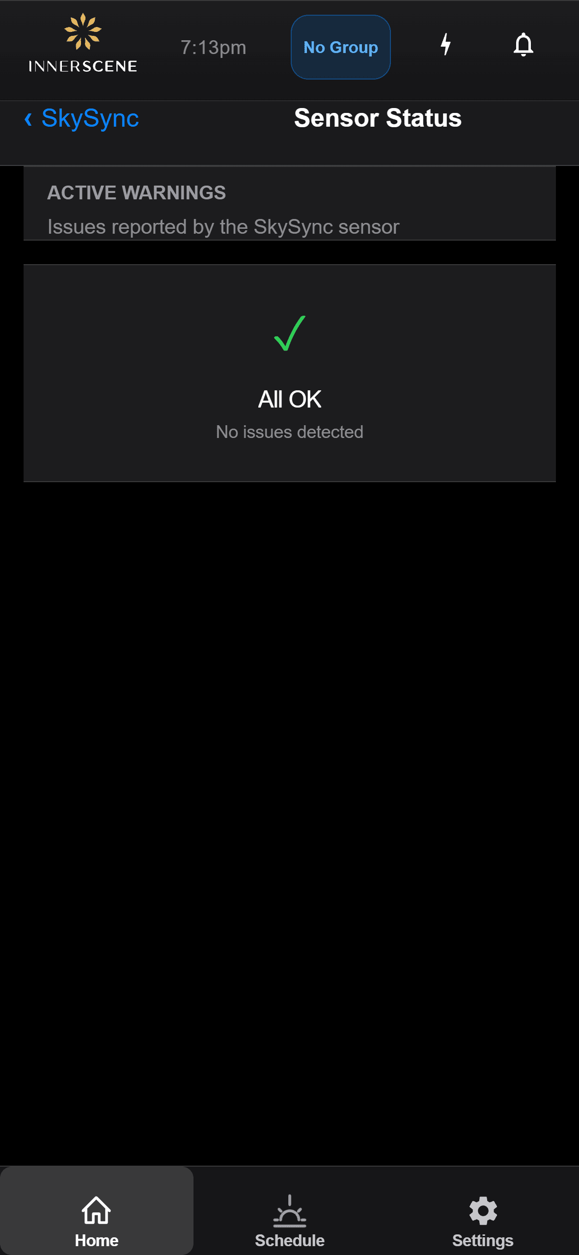 Troubleshooting screen in the Innerscene app