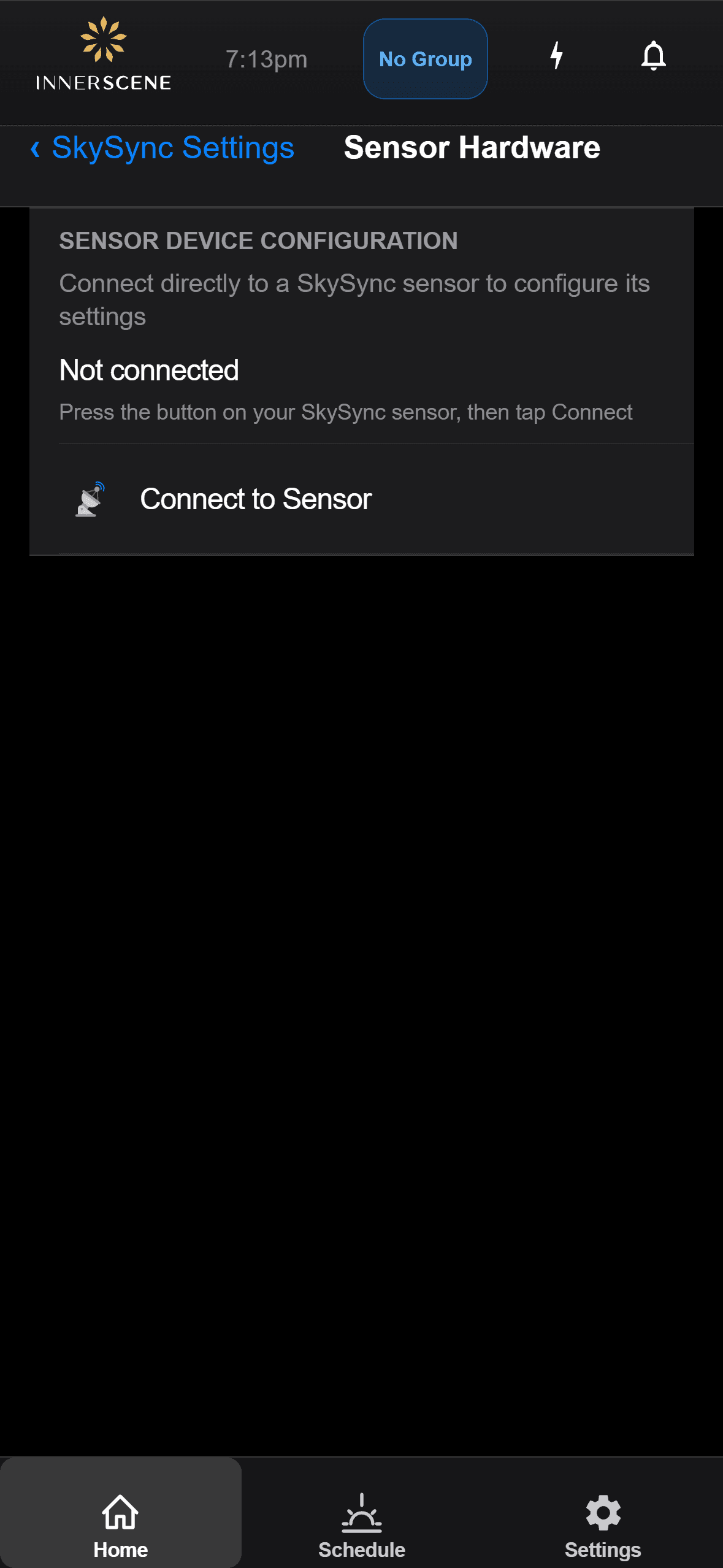Sensor Hardware screen in the Innerscene app