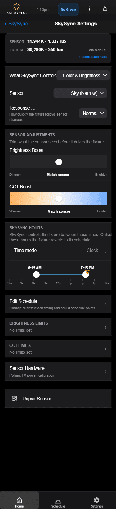 SkySync Settings screen in the Innerscene app