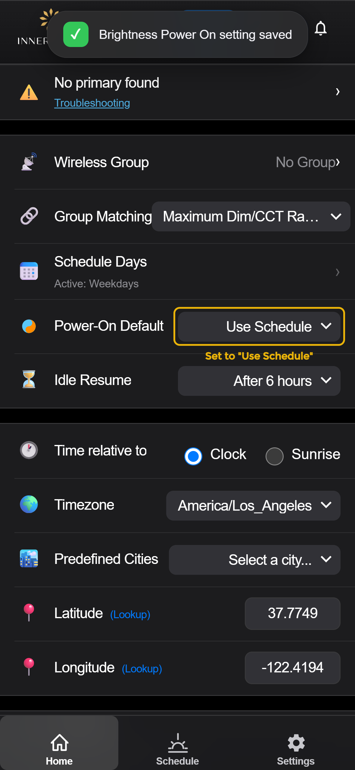Power-On Default set to Use Schedule